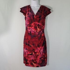 Lauren Ralph Lauren Red Floral Ruched Overlay Jersey Knit Dress Sz 8P V-neck
